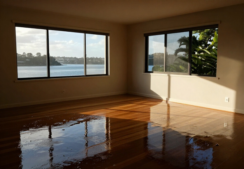 Flooded Horsley Park living room before restoration